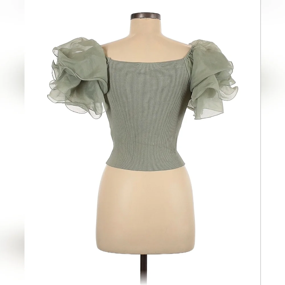 Zara Sage Green Puff Sleeve V-Neck Ribbed Top - Picture 2 of 2